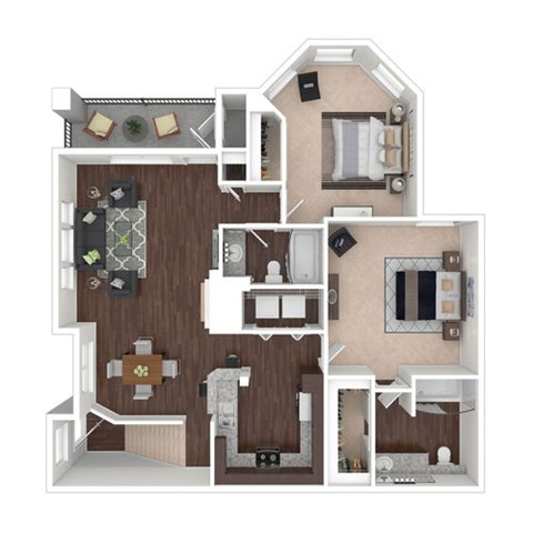 A 3D floor plan of a house showing a kitchen, living room, dining room, and bedrooms.